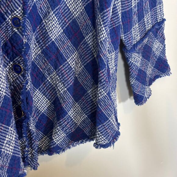 Lagenlook Blue Plaid Frayed Edge Button Top L Habitat Cotton Shirt | Soft Summer - Picture 3 of 13